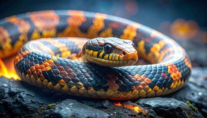 Fototapeta premium Mesmerizing Orange and Black Snake Coiled Amidst Fiery Embers, Intense Gaze.