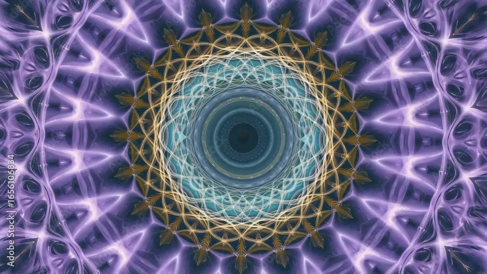 Poster complex geometric design forming a mesmerizing mandala with purple and gold hues radiating outwards,