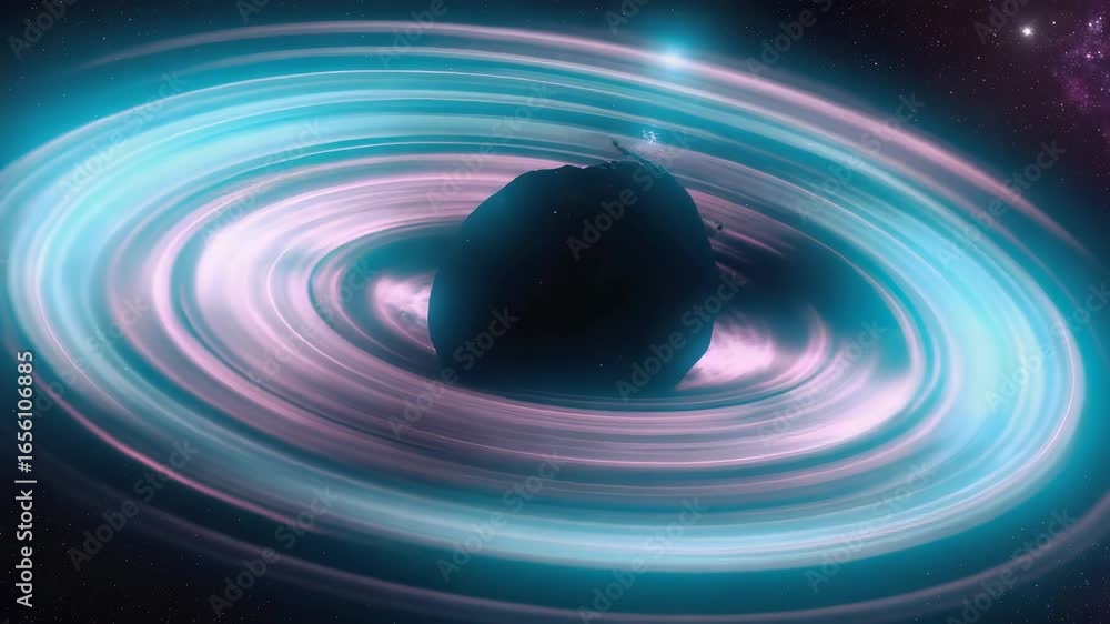 Poster large asteroid with irregular shape rotating around a bright star, creating colorful rings of light,