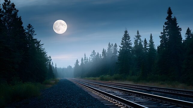 Mystic moonlight over railway tracks surrounded by a dense forest during twilight hour