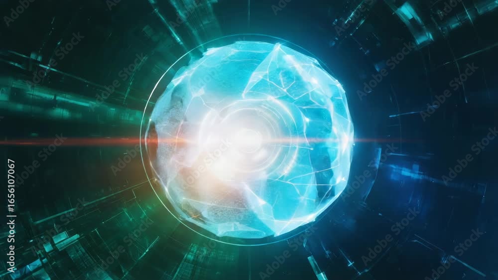 Poster glowing polygonal globe rotating in cyberspace tunnel with bright lights and digital matrix effect s