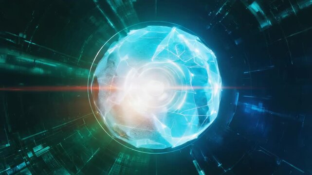 Glowing polygonal globe rotating in cyberspace tunnel with bright lights and digital matrix effect suggesting a futuristic concept of global communication and technology - Powered by Adobe