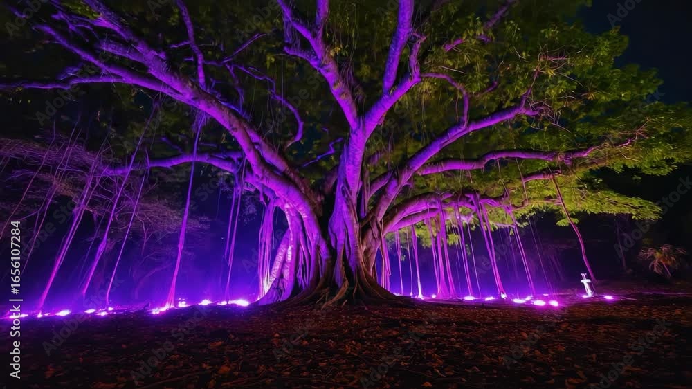 Poster breathtaking view of a large banyan tree at twilight, illuminated by vibrant purple lights, creating