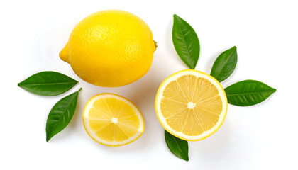 Fototapeta premium Fresh Lemon with Leaves: Vibrant, Juicy Citrus Fruit, Top View, White Background, Healthy Food Photography, Clean Minimalist Style.