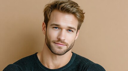 Obraz premium Male model poses confidently in a fitted dark green long-sleeved shirt against a simple beige background, capturing an elegant style