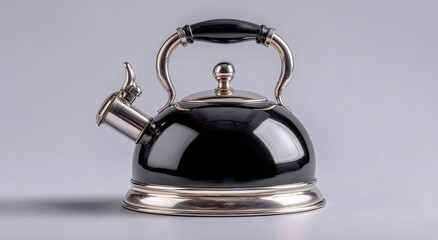Black kettle with silver accents, on plain background