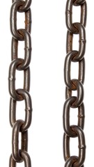 Fototapeta premium Two rusted metal chains hang vertically against a white background
