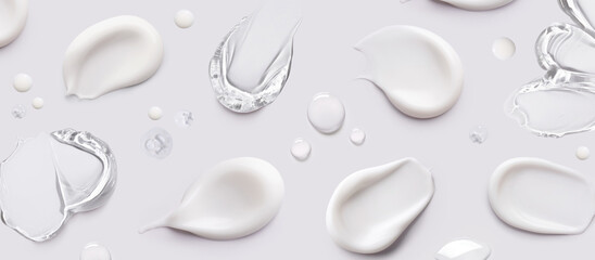 samples of cosmetic care products smear of cream and gel texture on a light background
