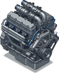 Fototapeta premium 3D Diesel Car Engine Vector Illustration-Automotive UI with Injectors, Fuel Lines, and Reinforced Block