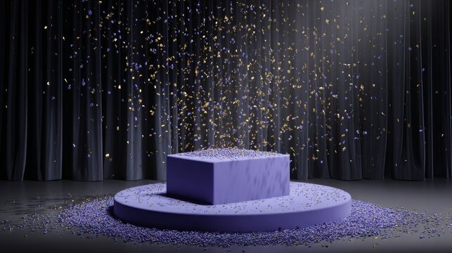 The stage is set with a single spotlight, its gentle beam illuminating the empty round platform, surrounded by a shower of confetti that stirs feelings of mystery and expectation