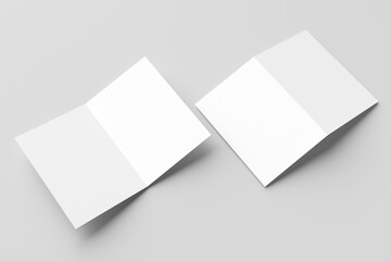 Bifold mockup. A pair of white bifold cards, one open and one closed, casting shadows isolated on a light grey background