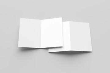Bifold mockup. A pair of white bifold cards, one open and one closed, casting shadows isolated on a light grey background