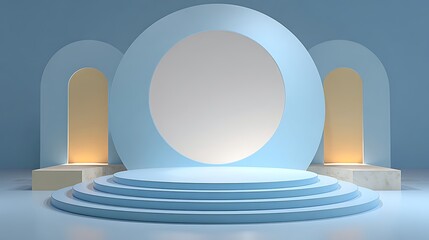 Obraz premium Modern blue round stage with golden accents, ideal for product presentation, offering a minimal and stylish display with ample copy space for designs