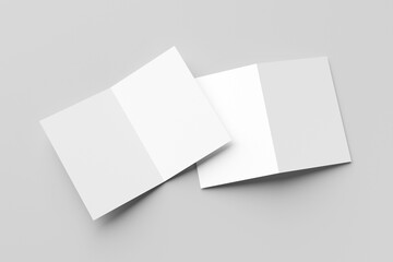 Bifold mockup. A pair of white bifold cards, one open and one closed, casting shadows isolated on a light grey background