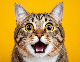 놀란 고양이 얼굴, 크고 동그란 눈, 버러진 입