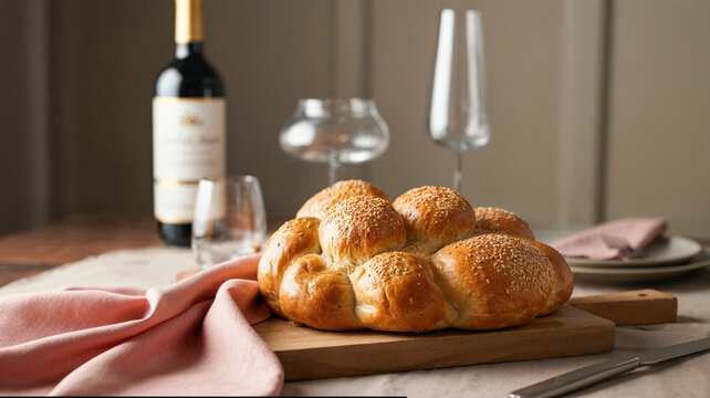Freshly baked challah bread with wine and dining setup on wooden table, Rosh Hashanah celebration