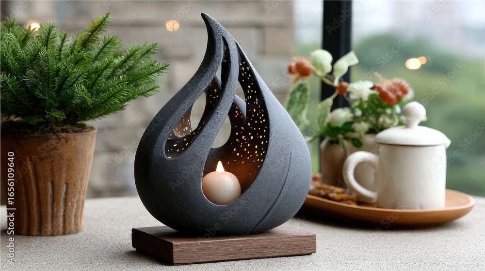 Poster sculpture features an abstract design representing wind and fire, shimmering with gold particles on 