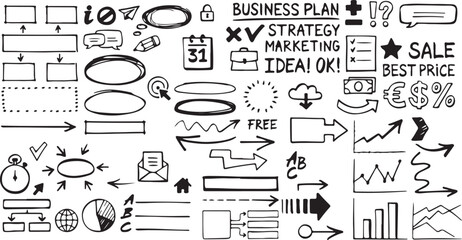 business doodles, marketing icons, plan sketch, business charts, doodle arrows, finance graphics, project doodles, office icons, 