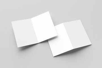Bifold mockup. A pair of white bifold cards, one open and one closed, casting shadows isolated on a light grey background
