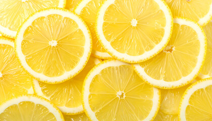Vibrant overhead shot of juicy lemon slices, bright yellow citrus background, fresh and zesty, perfect for summer recipes and healthy food concepts.
