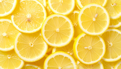 Vibrant overhead shot of juicy lemon slices, bright yellow citrus background, fresh and zesty, perfect for summer food and beverage advertising.
