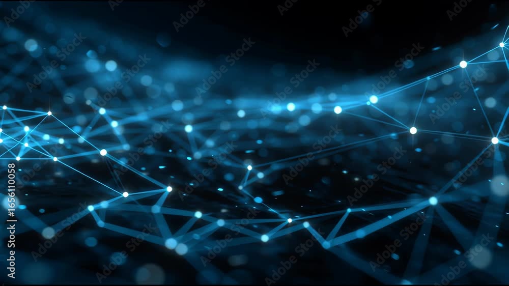 Poster Futuristic Blue Technology Animation of a Dynamic Plexus Network with Glowing Connected Data Points.