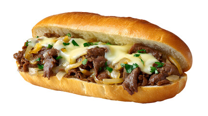 A hearty Philly cheesesteak with tender sliced steak, grilled onions, and melted provolone cheese. This classic, isolated shot is perfect for deli menus.