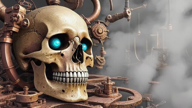 Glowing blue eyes bring an eerie life to a steampunk skull amidst complex gears, pipes, and steam, creating a captivating blend of macabre and mechanical aesthetics
