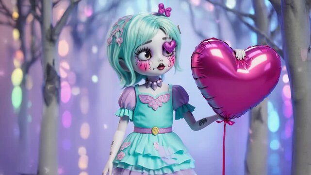 Emo girl with colorful hair and makeup holds a heart-shaped balloon in a magical forest with glowing lights, creating a whimsical and dreamy atmosphere