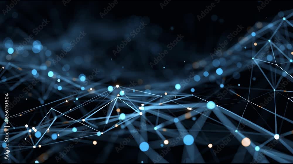 Poster drifting through a luminous digital plexus network of connected data nodes and glowing particles.