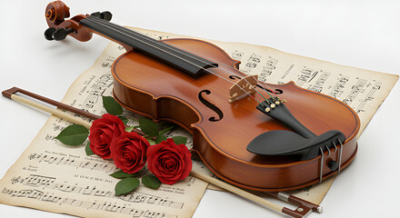 Fototapeta premium A Violin with musical notes, and roses. A romantic musical instrument setup with flowers. 