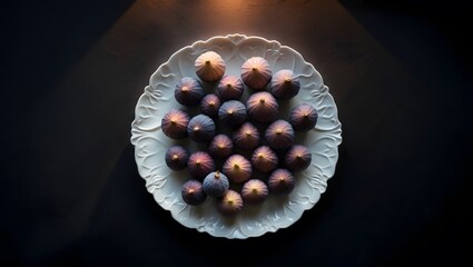 Top view of fresh figs arranged in circular pattern on white plate with dark background