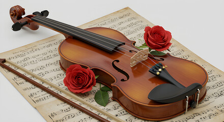 Fototapeta premium A violin and bow rest gracefully on a sheet of music, adorned with a red rose. The scene evokes a sense of elegance and musical artistry