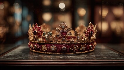 Ornate golden crown with crimson velvet band, studded with jewels