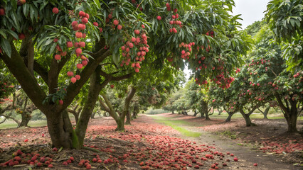 Lush lychee orchard in full bloom showcasing abundant red fruit hanging from trees with fallen fruit on the ground