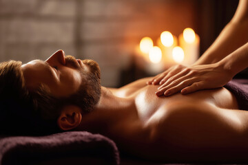 man gets a body massage at a massage salon. A male lies on a couch during relaxing massage in spa salon