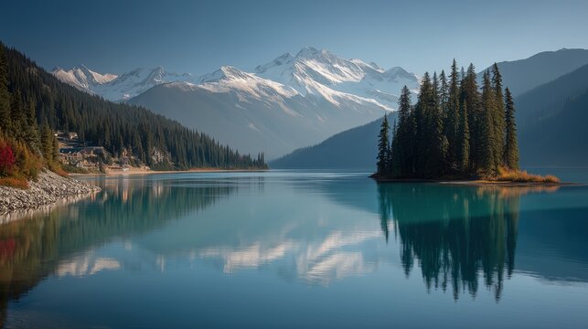 Canadian Rockies, mountain lake, crystal clear water, snow-capped peaks, evergreen forest, morning light, calm reflection, alpine landscape, natural beauty, pristine wilderness, tranquil lake, mountai