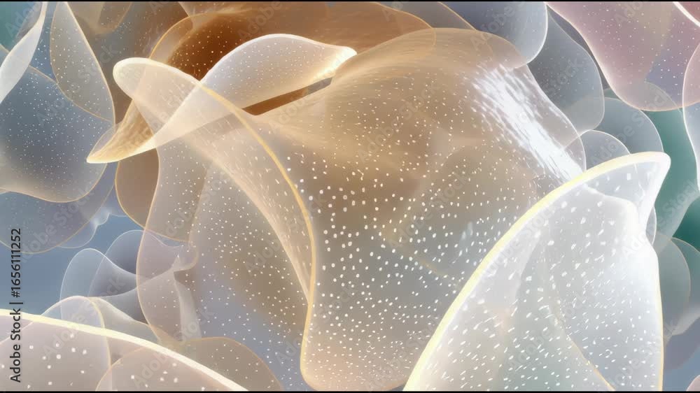 Poster ethereal dance of soft translucent flowing organic forms in a colorful abstract animation.