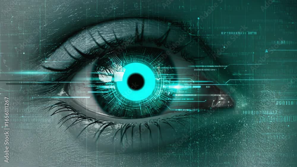 Poster close-up of an eye with futuristic digital details and binary code, representing biometric scanning,