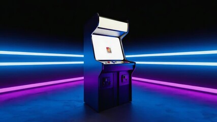 Vintage arcade game machine set against a dark room, illuminated by vibrant neon lights, creating a nostalgic atmosphere reminiscent of classic 80s gaming entertainment - Powered by Adobe