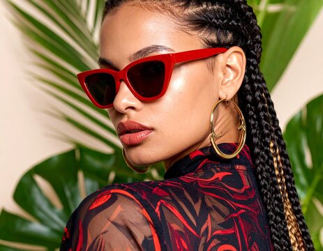 Woman with braided bun, red sunglasses, and gold earrings.
