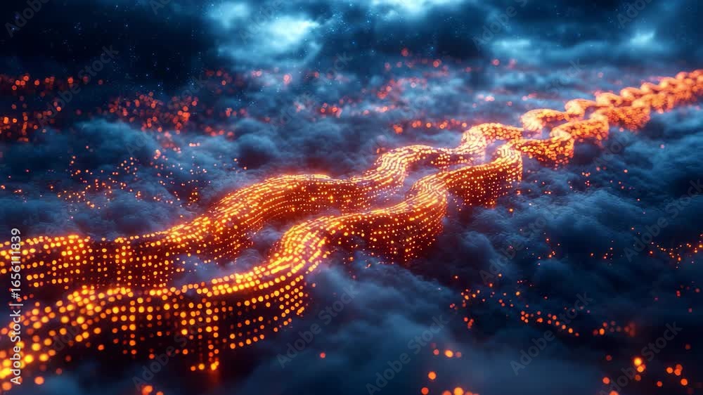 Poster Explore a mesmerizing world where luminous chains weave through cloud formations, creating an enchanting atmosphere filled with wonder and mystery. Experience the magic at dusk.