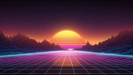 Endless Journey Through a Retro-Futuristic Synthwave Landscape with a Glowing Neon Grid. - Powered by Adobe