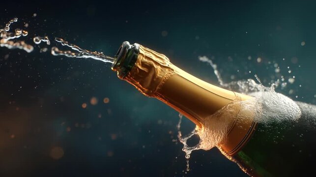 Congratulation champagne bottle popping open with sparkling splash