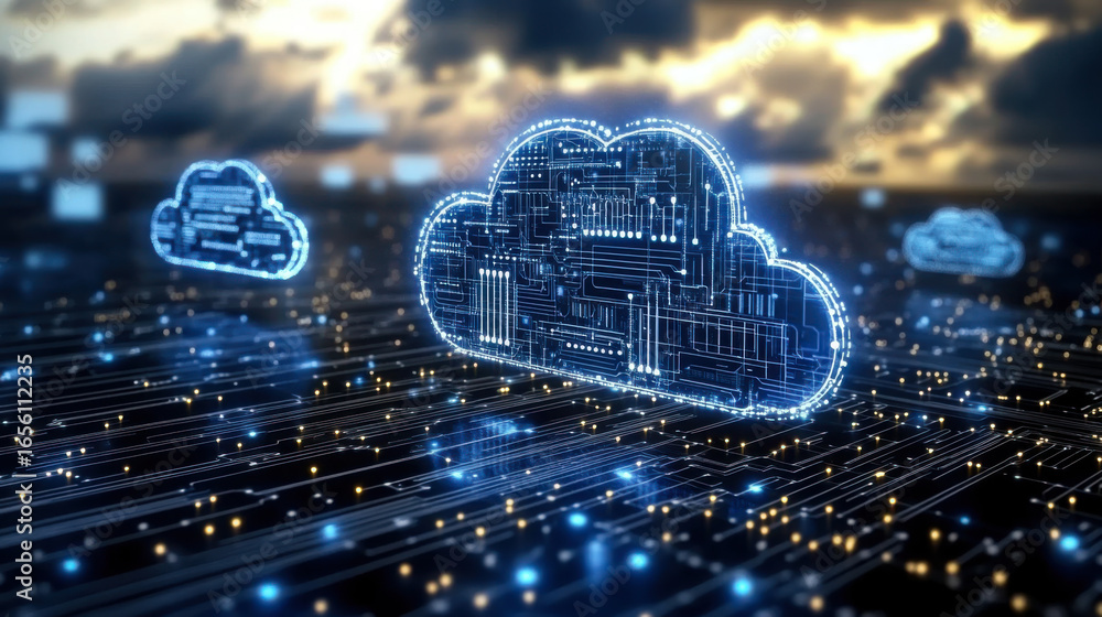 Poster futuristic cloud computing technology on background of microcircuit elements