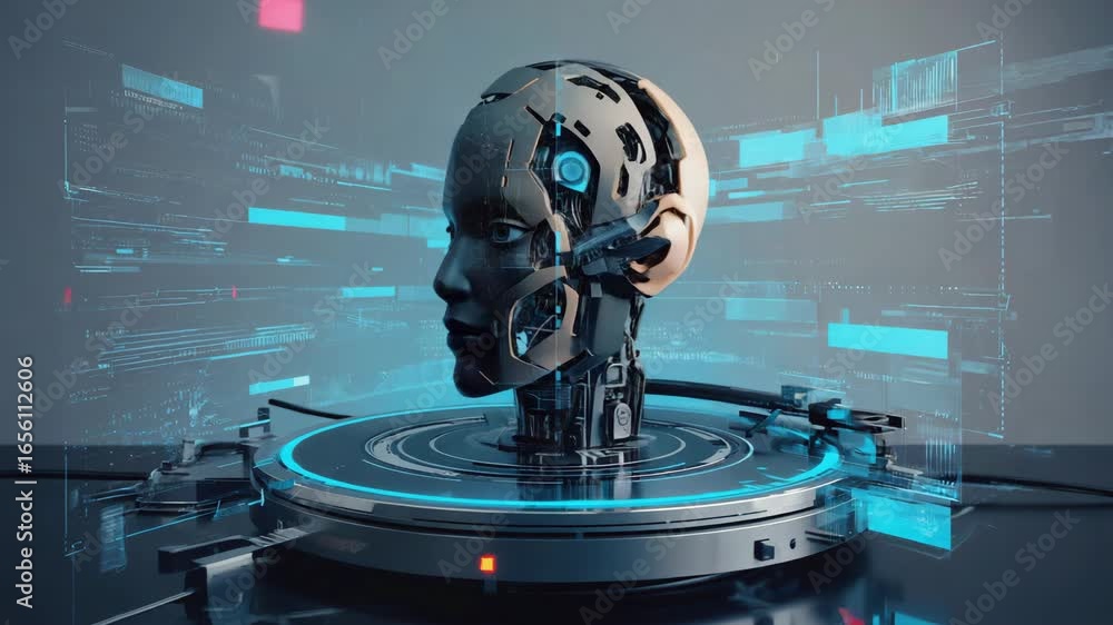 Poster half robot and half human head standing on a platform processing data with a futuristic holographic 