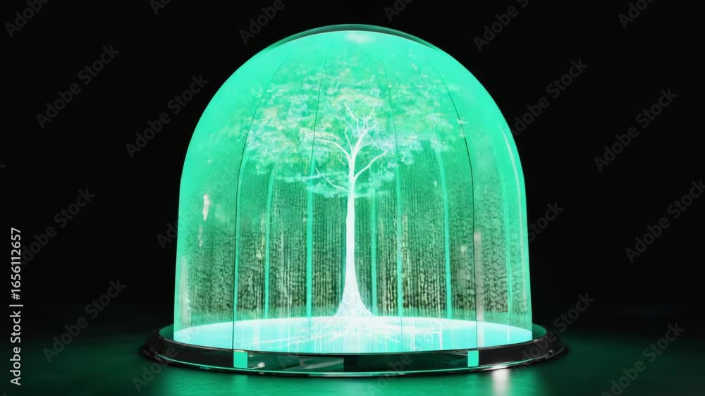 Aufkleber digital art featuring a vibrant green tree encased within a glass dome, illuminated by glowing lines