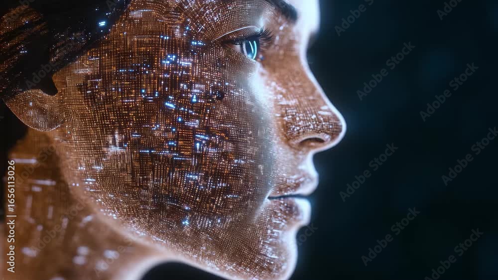 Poster a stunning visualization captures a futuristic face composed of glowing data points, symbolizing the