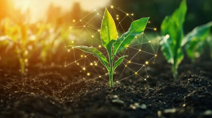 Maize seedling in cultivated agricultural field with graphic concepts modern agricultural technology