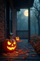 Obraz premium Ultra Realistic Porch Scene with Carved Pumpkins and Autumn Leaves